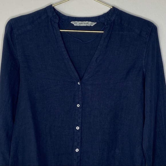 Zara 100% Linen Lagenlook Blue Button Down Top XS - Picture 3 of 7
